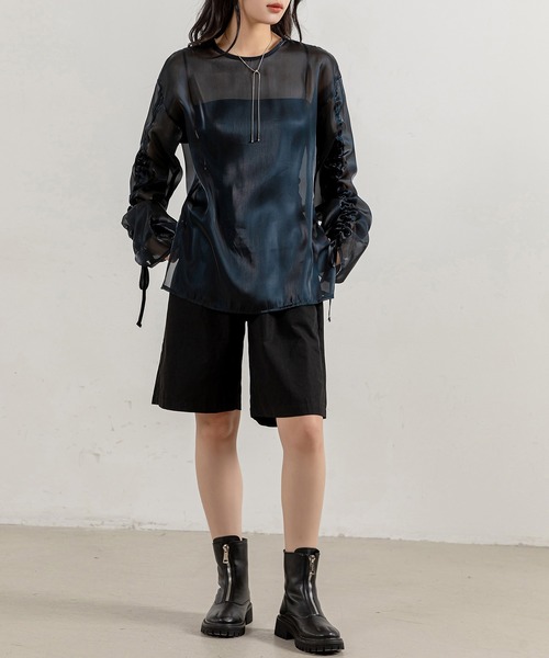 シアリングパフトップス ブラック 19,800円 SLY ブラウス シャツ FRONT ZIP SHIRRING BL フロント ジップ