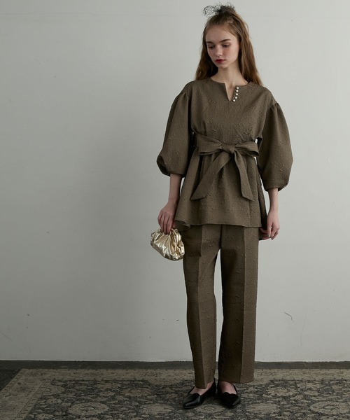 BONLECILL noir】2way膨れジャガードリボンペプラムブラウス  