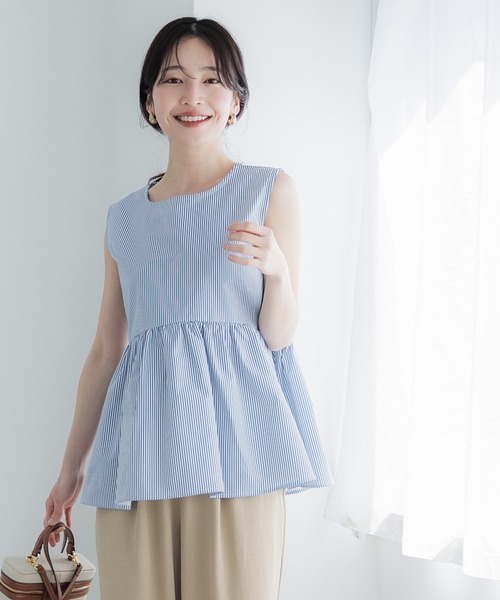coca(coca)(コカ)の「【WEB限定セール】パリフワギャザーフレアノースリーブブラウス(シャツ/ブラウス・レディース・ライトブルー/ストライプ/ブラック/ホワイト・L/M)」の12枚目の写真