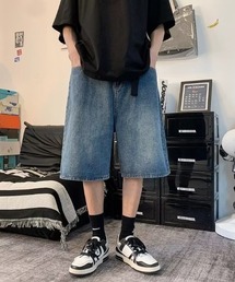 ハーフ 古着風 ウォッシュ ワイド デニム ショートパンツ ベルト付き