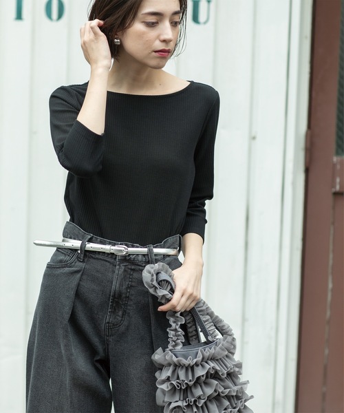 セール】ボートネック7分袖カットソー【洗濯機洗い可】（Tシャツ