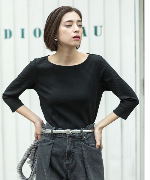 セール】ボートネック7分袖カットソー【洗濯機洗い可】（Tシャツ