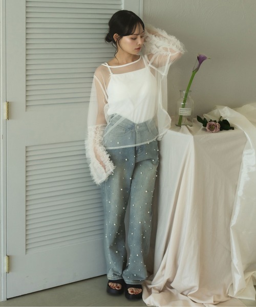 fupel（フぺル）の「sheer ruffle sleeve tops / シアーフリルスリーブトップス（Tシャツ/カットソー・レディース・オフホワイト/ブラック・FREE）」の7枚目の写真