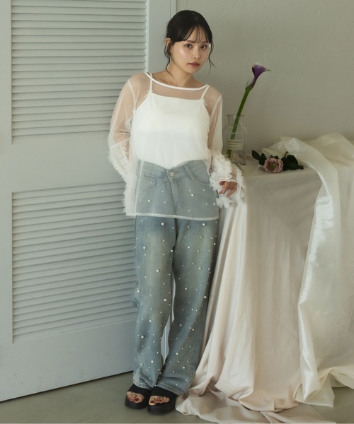 fupel（フぺル）の「sheer ruffle sleeve tops / シアーフリルスリーブトップス（Tシャツ/カットソー・レディース・オフホワイト/ブラック・FREE）」の9枚目の写真
