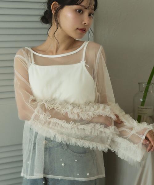 fupel（フぺル）の「sheer ruffle sleeve tops / シアーフリルスリーブトップス（Tシャツ/カットソー・レディース・オフホワイト/ブラック・FREE）」の3枚目の写真