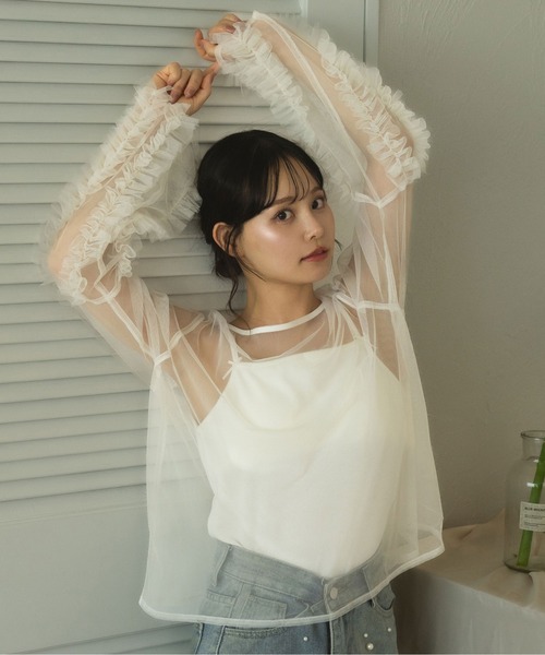 fupel（フぺル）の「sheer ruffle sleeve tops / シアーフリルスリーブトップス（Tシャツ/カットソー・レディース・オフホワイト/ブラック・FREE）」の4枚目の写真