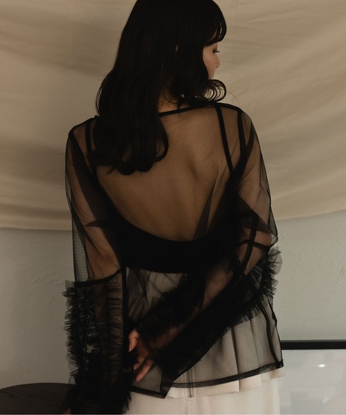 fupel（フぺル）の「sheer ruffle sleeve tops / シアーフリルスリーブトップス（Tシャツ/カットソー・レディース・オフホワイト/ブラック・FREE）」の13枚目の写真