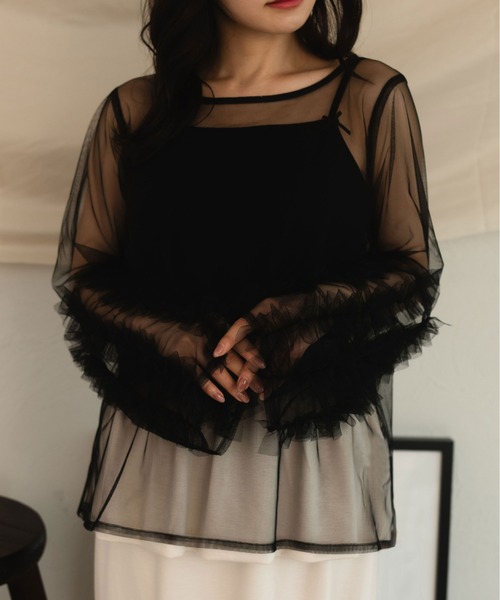 fupel（フぺル）の「sheer ruffle sleeve tops / シアーフリルスリーブトップス（Tシャツ/カットソー・レディース・オフホワイト/ブラック・FREE）」の12枚目の写真
