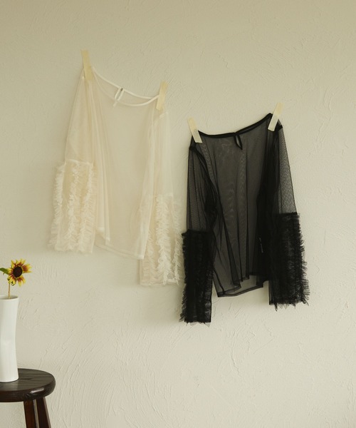 fupel（フぺル）の「sheer ruffle sleeve tops / シアーフリルスリーブトップス（Tシャツ/カットソー・レディース・オフホワイト/ブラック・FREE）」の19枚目の写真