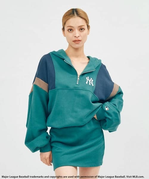 BACK TO THE FIELD（バック トゥー ザ フィールド）の「【MLB】スウェットZIPドルマンバイカラーフーディーワンピース（ワンピース・レディース・ブラック/グレー/グリーン・FREE）」の3枚目の写真