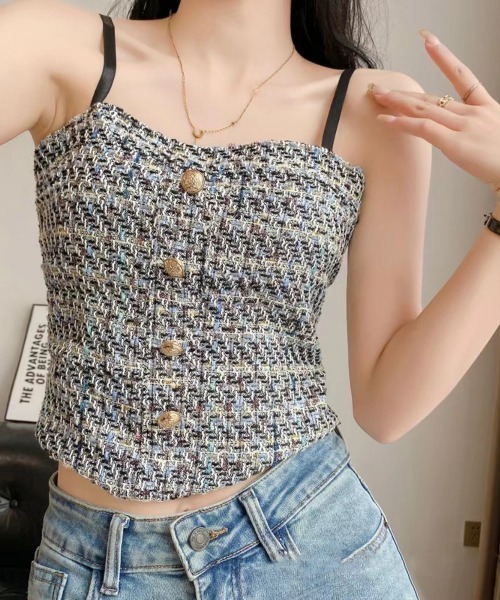 Miniministore（ミニミニストア）の「パッド付き ツイード風キャミソール韓国風（キャミソール・レディース・ブラック/ライトブルー/ピンク/アイボリー・FREE）」の3枚目の写真