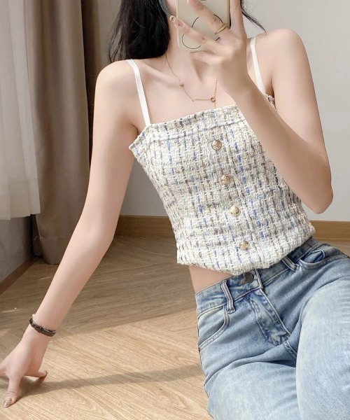 Miniministore（ミニミニストア）の「パッド付き ツイード風キャミソール韓国風（キャミソール・レディース・ブラック/ライトブルー/ピンク/アイボリー・FREE）」の6枚目の写真