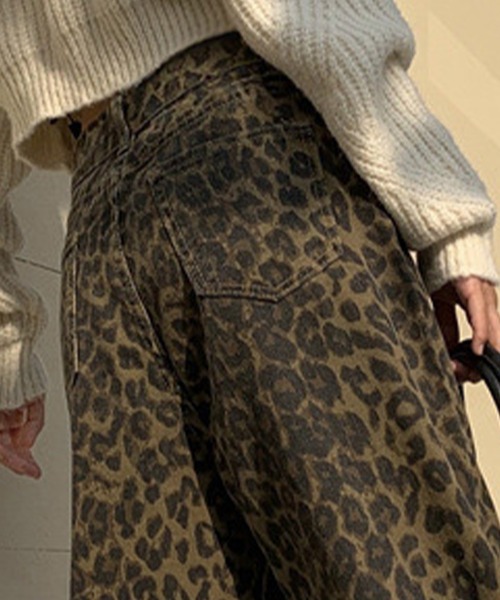 レディース レオパードストレートワイドデニムパンツ（デニム