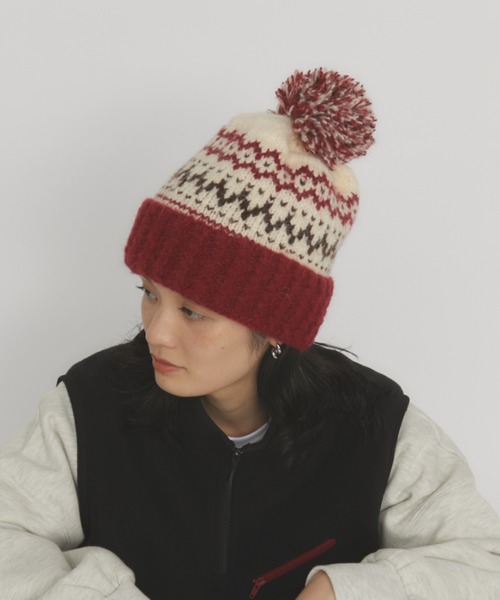 MERLOT(メルロー)の「ボンボンノルディックニットキャップ(ニットキャップ/ビーニー・レディース・レッド/グレー/ネイビー・FREE)」の1枚目の写真