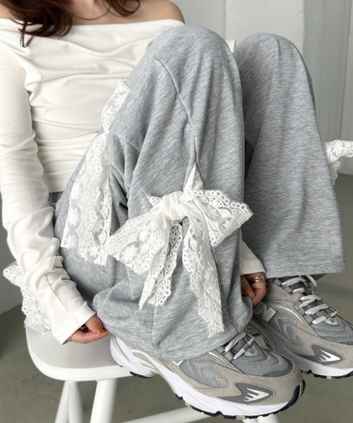 CLEA（クレア）の「レースリボンルーズスウェットパンツ（スウェットパンツ・レディース・グレー/アイボリー/ブラック・FREE）」の15枚目の写真