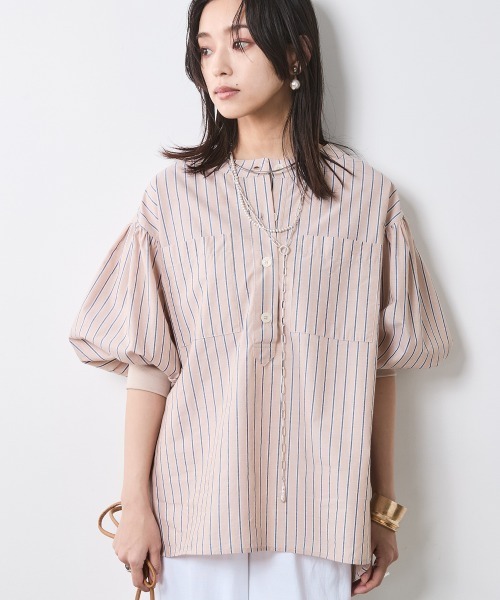 CHIC STYLE(シックスタイル)の「綿100%袖口リブアウトポケットブラウス<大きいサイズ有>シックスタイル(シャツ/ブラウス・レディース・ネイビー/ベージュ系/ブルー系・L/M/5L/4L/3L/LL)」の1枚目の写真