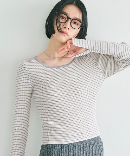 coca(coca)(コカ)の「【WEB限定セール】リブニットボートネックトップス(ニット/セーター・レディース・ブラック/ライトグレー・L/S/M)」の2枚目の写真