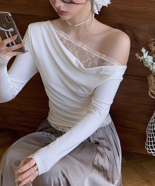 MAISON DE THERESE（メゾン ド テレーズ）の「レース付き斜め肩タイツTシャツ（Tシャツ/カットソー・レディース・ホワイト/ブラック・M/L）」の4枚目の写真