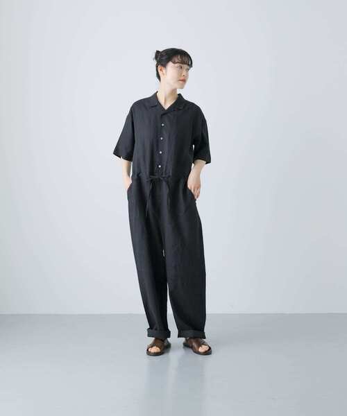 新品未使用　かぐれ　リネンハーフスリーブオールイン　黒 リネンハーフスリーブオールインワン（その他パンツ）｜かぐれ