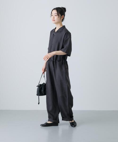 かぐれ リネンハーフスリーブ オールインワン 黒 リネンハーフスリーブオールインワン（その他パンツ）｜かぐれ