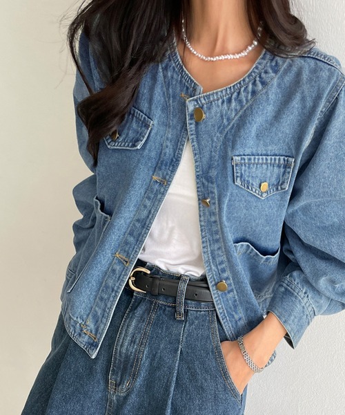 LAFFMO(ラフモ)の「ノーカラーデニムジャケット(デニムジャケット・レディース・ブルー/ブラック・F)」の19枚目の写真