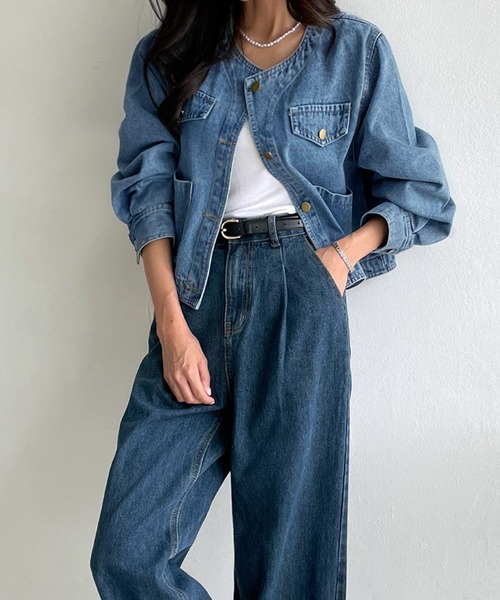 LAFFMO(ラフモ)の「ノーカラーデニムジャケット(デニムジャケット・レディース・ブルー/ブラック・F)」の21枚目の写真