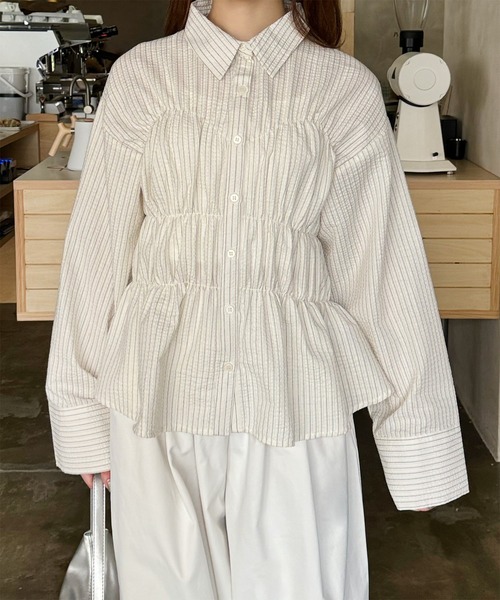 LE MORE（リモア）の「ストライプシャーリングシャツ（シャツ/ブラウス・レディース・アイボリー/ブルー・FREE）」の2枚目の写真