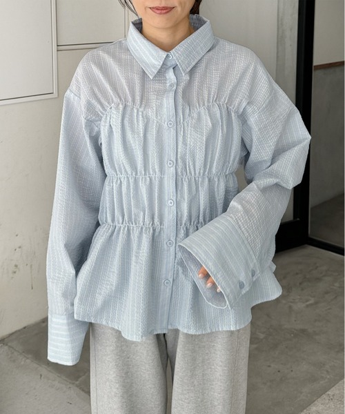 LE MORE（リモア）の「ストライプシャーリングシャツ（シャツ/ブラウス・レディース・アイボリー/ブルー・FREE）」の3枚目の写真