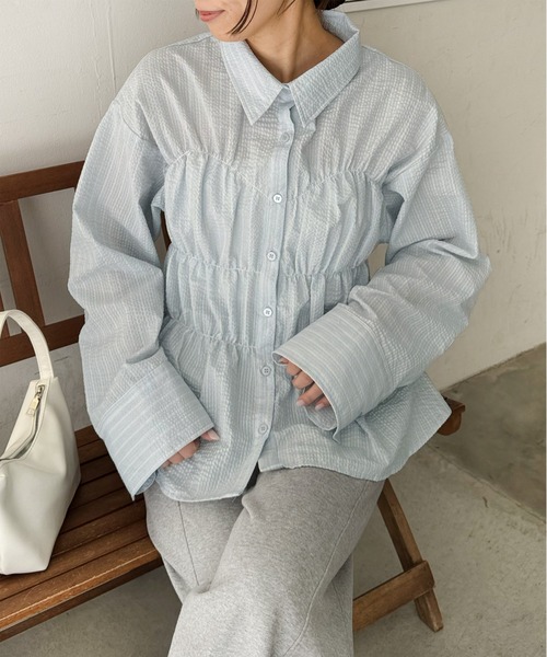 LE MORE（リモア）の「ストライプシャーリングシャツ（シャツ/ブラウス・レディース・アイボリー/ブルー・FREE）」の4枚目の写真