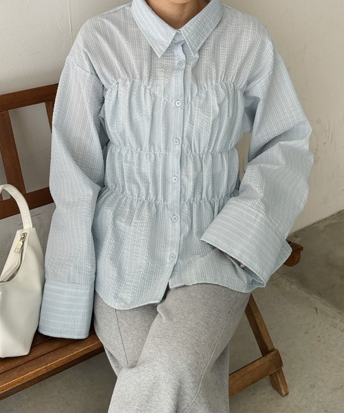 LE MORE（リモア）の「ストライプシャーリングシャツ（シャツ/ブラウス・レディース・アイボリー/ブルー・FREE）」の7枚目の写真