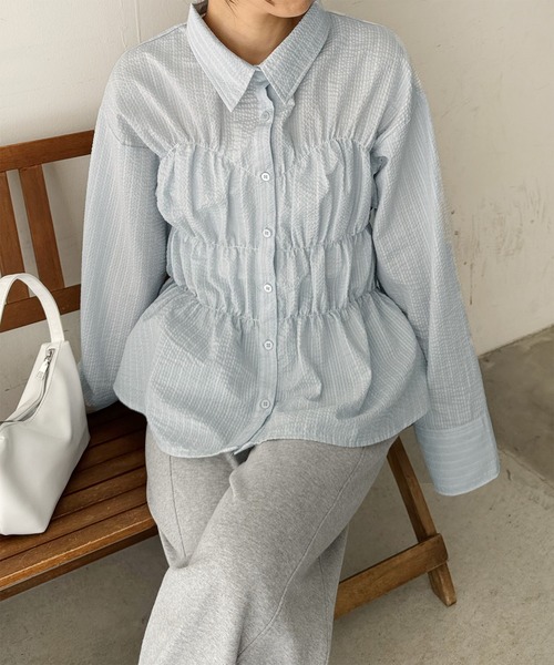 LE MORE（リモア）の「ストライプシャーリングシャツ（シャツ/ブラウス・レディース・アイボリー/ブルー・FREE）」の8枚目の写真