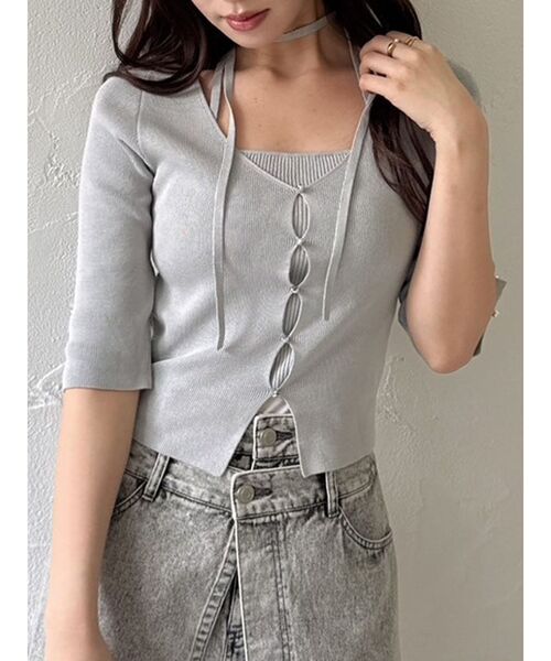 dazzlin（ダズリン）の「ハーフスリーブレイヤードカーデトップス（ニット/セーター・レディース・オフホワイト/グレー/ブラック/ピンク/グリーン・FREE）」の4枚目の写真