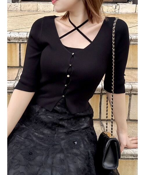 dazzlin（ダズリン）の「ハーフスリーブレイヤードカーデトップス（ニット/セーター・レディース・オフホワイト/グレー/ブラック/ピンク/グリーン・FREE）」の3枚目の写真