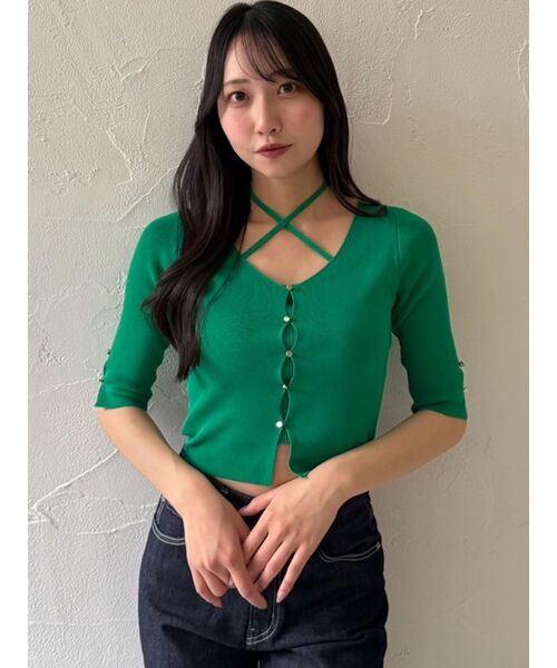 dazzlin（ダズリン）の「ハーフスリーブレイヤードカーデトップス（ニット/セーター・レディース・オフホワイト/グレー/ブラック/ピンク/グリーン・FREE）」の7枚目の写真