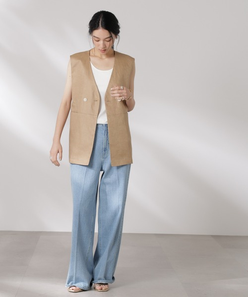 NANO universe（ナノユニバース）の「ヨーロピアンフラックス スリットポケットジレ（セットアップ可）（ノーカラージャケット・レディース・ベージュ/ブラウン/ネイビー/オフホワイト・FREE）」の8枚目の写真