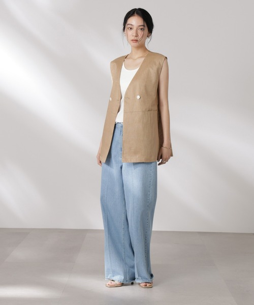 NANO universe（ナノユニバース）の「ヨーロピアンフラックス スリットポケットジレ（セットアップ可）（ノーカラージャケット・レディース・ベージュ/ブラウン/ネイビー/オフホワイト・FREE）」の9枚目の写真