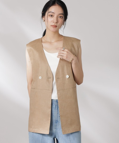 NANO universe（ナノユニバース）の「ヨーロピアンフラックス スリットポケットジレ（セットアップ可）（ノーカラージャケット・レディース・ベージュ/ブラウン/ネイビー/オフホワイト・FREE）」の5枚目の写真