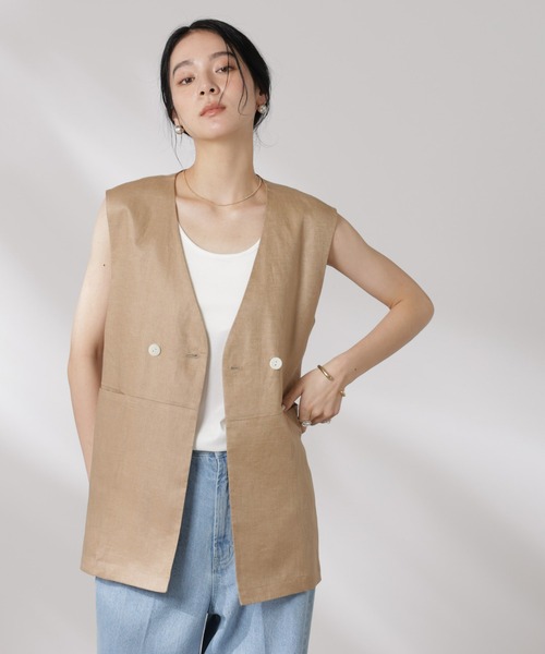 NANO universe（ナノユニバース）の「ヨーロピアンフラックス スリットポケットジレ（セットアップ可）（ノーカラージャケット・レディース・ベージュ/ブラウン/ネイビー/オフホワイト・FREE）」の7枚目の写真