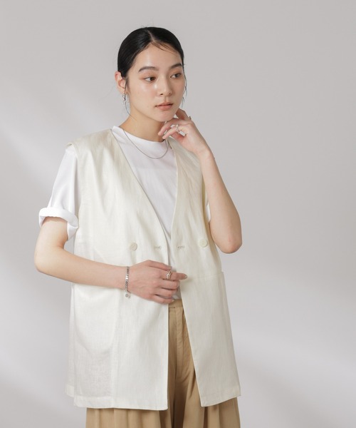 NANO universe（ナノユニバース）の「ヨーロピアンフラックス スリットポケットジレ（セットアップ可）（ノーカラージャケット・レディース・ベージュ/ブラウン/ネイビー/オフホワイト・FREE）」の21枚目の写真