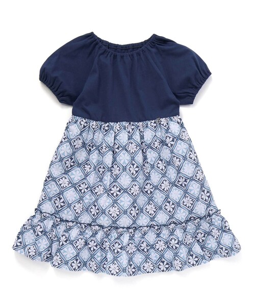 BeBe（ベベ）の「【お揃い】復刻アーカイブタイル柄切り替えパフスリーブワンピース(90~150cm)（ワンピース・キッズ・ブルー系その他・120cm/130cm/90cm/110cm/100cm/140cm/150cm）」の4枚目の写真