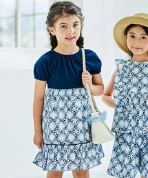 BeBe | 【お揃い】復刻アーカイブタイル柄切り替えパフスリーブワンピース(90~150cm)(ワンピース)