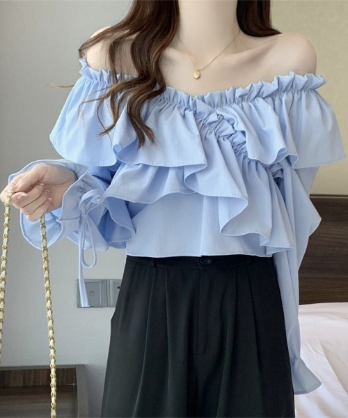 Miniministore(ミニミニストア)の「フリルブラウス オフショルブラウス 長袖(シャツ/ブラウス・レディース・アイボリー/ブルー/ホワイト/ブラック/ピンク・FREE)」の4枚目の写真