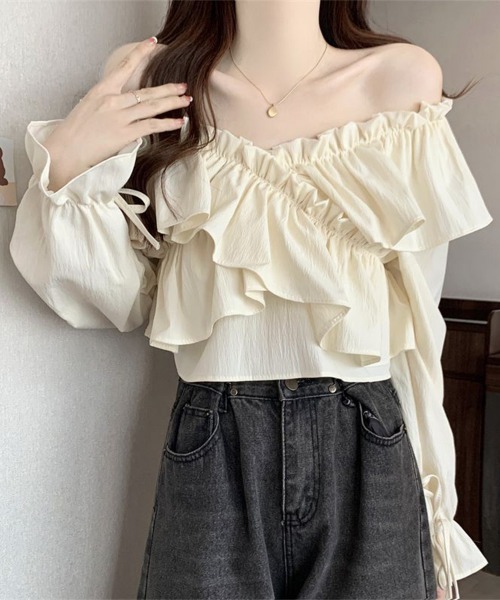 Miniministore(ミニミニストア)の「フリルブラウス オフショルブラウス 長袖(シャツ/ブラウス・レディース・アイボリー/ブルー/ホワイト/ブラック/ピンク・FREE)」の2枚目の写真