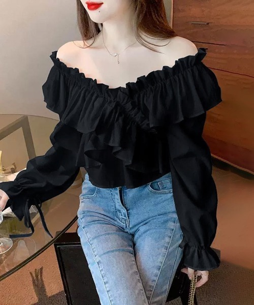 Miniministore(ミニミニストア)の「フリルブラウス オフショルブラウス 長袖(シャツ/ブラウス・レディース・アイボリー/ブルー/ホワイト/ブラック/ピンク・FREE)」の3枚目の写真