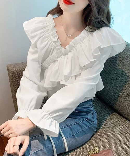 Miniministore(ミニミニストア)の「フリルブラウス オフショルブラウス 長袖(シャツ/ブラウス・レディース・アイボリー/ブルー/ホワイト/ブラック/ピンク・FREE)」の6枚目の写真