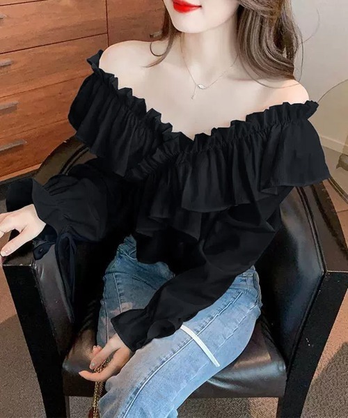 Miniministore(ミニミニストア)の「フリルブラウス オフショルブラウス 長袖(シャツ/ブラウス・レディース・アイボリー/ブルー/ホワイト/ブラック/ピンク・FREE)」の12枚目の写真