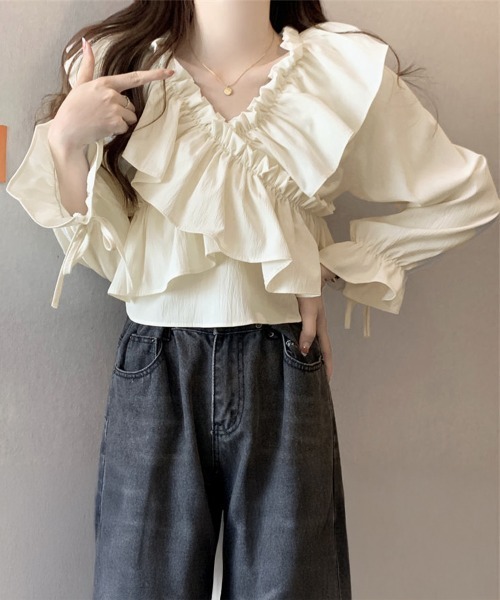 Miniministore(ミニミニストア)の「フリルブラウス オフショルブラウス 長袖(シャツ/ブラウス・レディース・アイボリー/ブルー/ホワイト/ブラック/ピンク・FREE)」の16枚目の写真