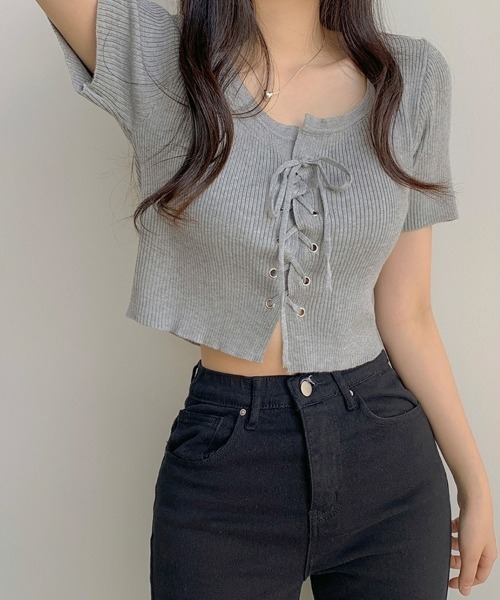 サマーニット ショート丈 ニットトップス レースアップクロップド丈