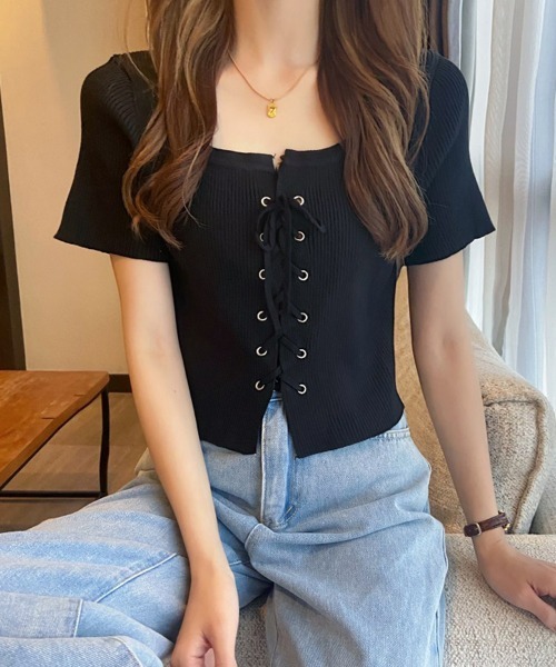サマーニット ショート丈 ニットトップス レースアップクロップド丈