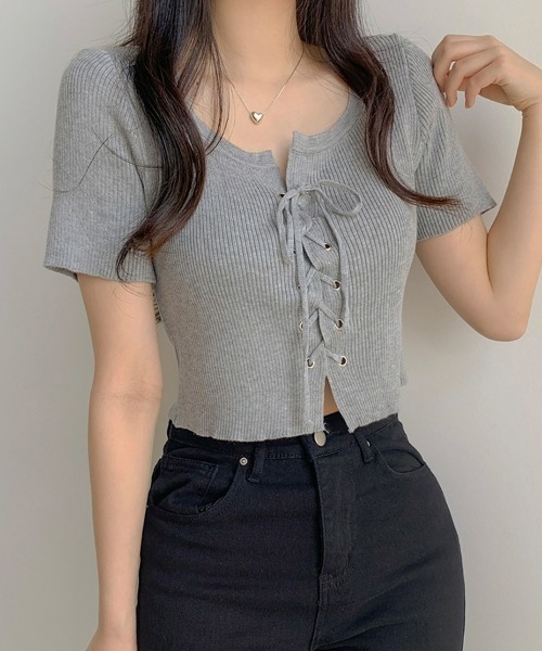 サマーニット ショート丈 ニットトップス レースアップクロップド丈